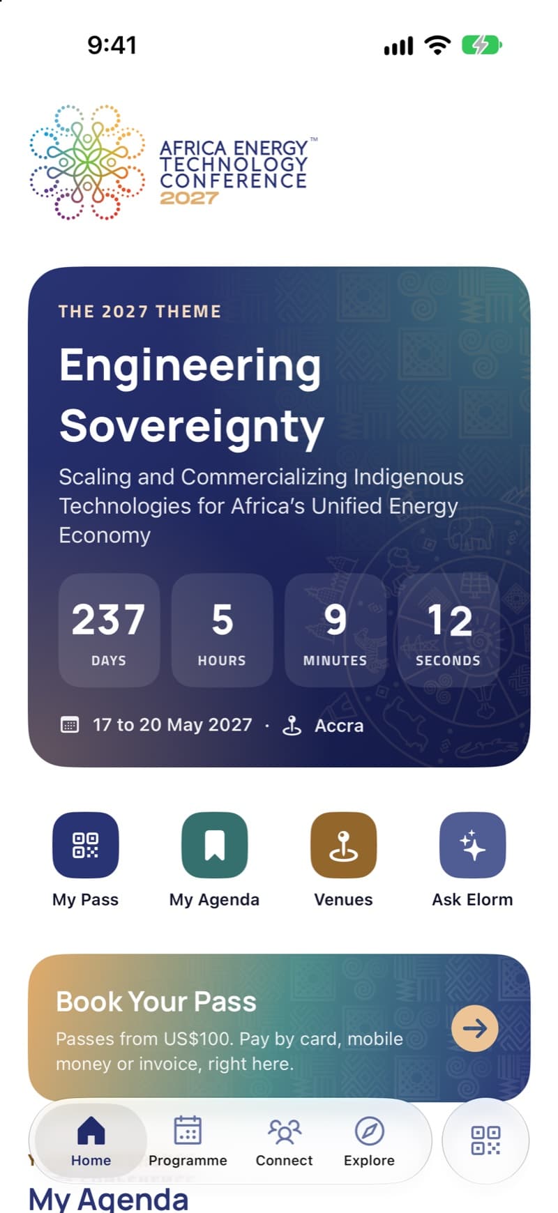 The AETC app's home screen: the theme, the countdown and the way to your pass